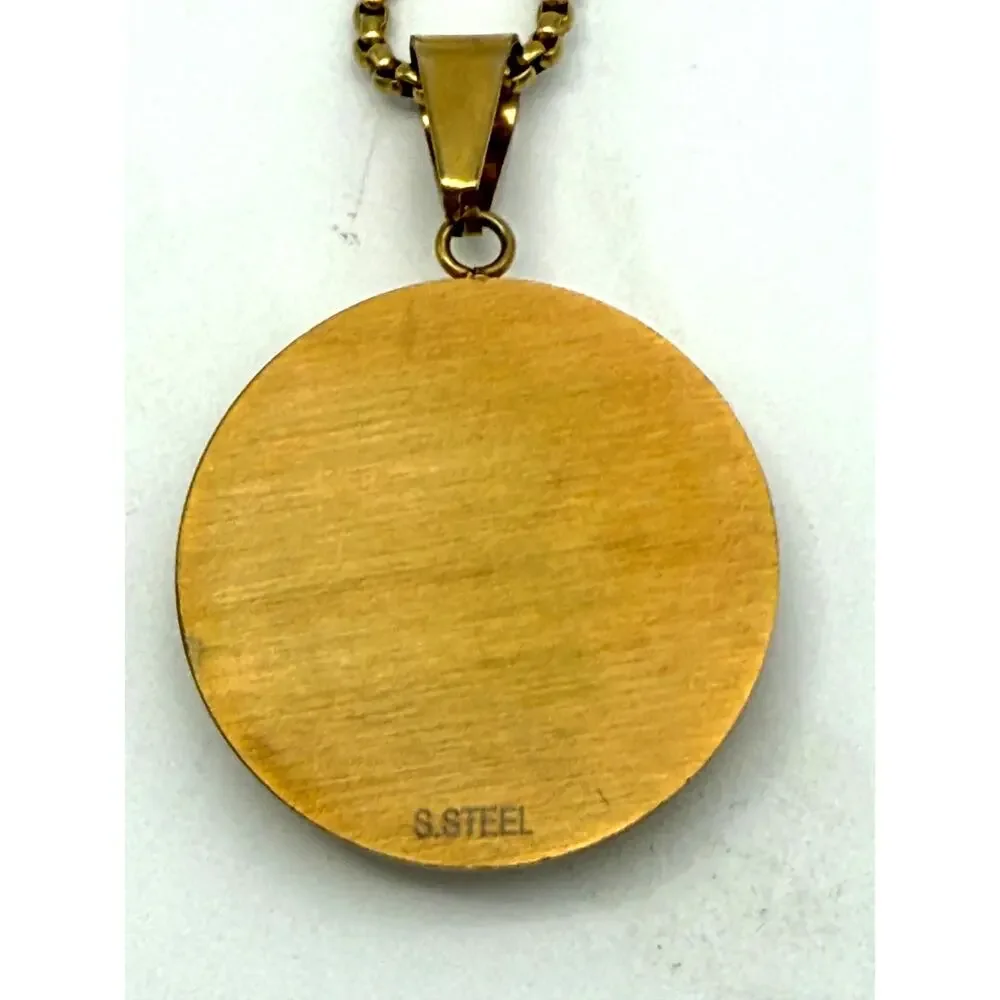 Gold Tone Stainless Steel Necklace W/ Round Green Jade Cabochon Gemstone Pendant